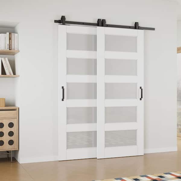 64 in. x 96 in. (Double 36 in. ) 5-Lite Frosted Glass White Primed MDF Sliding Barn Door with Hardware Kit Bypass