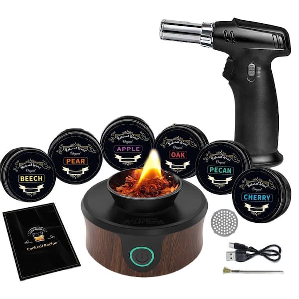 Black Electric Whiskey Smoker Kit with Torch and 6 Wood Chips, Old Fashioned Smoker Kit, Cocktails Kit (Without Butane)