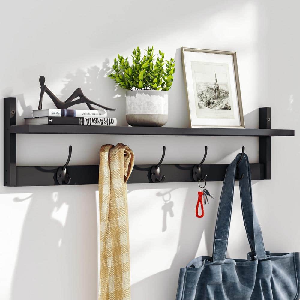 28.9 in. Black Wall-Mounted Coat Rack with Wood Shelf and 5-Dual Hooks for 