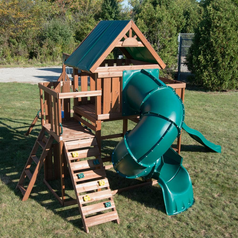Tellico Terrace Wooden Swing Set with Tube and Wave Slides