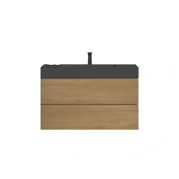 36 in. Single Sink Wall Mounted Natural Oak Bath Vanity with Black Solid Surface Top Unassembled