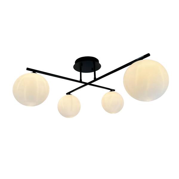 EQLight Kinich 12 in. 4-Light Black Semi-Flush Mount with White Glass Shades