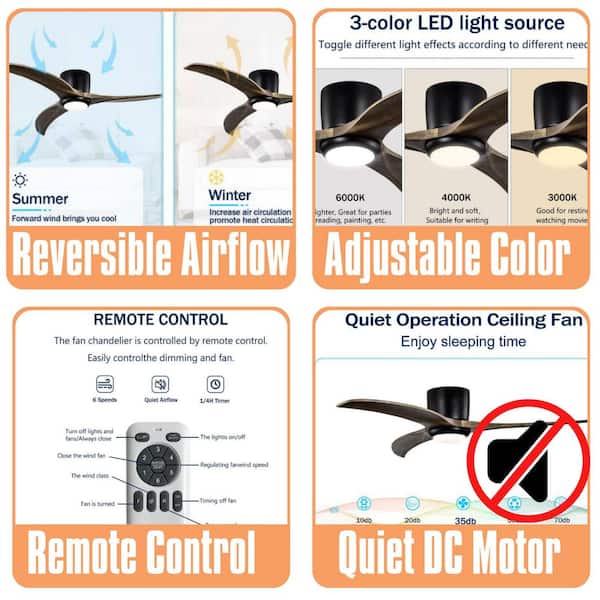 52 in. Standard Black Flush Mount Ceiling Fan, Solid Wood Blades with Light, 6 Speed Noiseless Reversible Motor, Remote