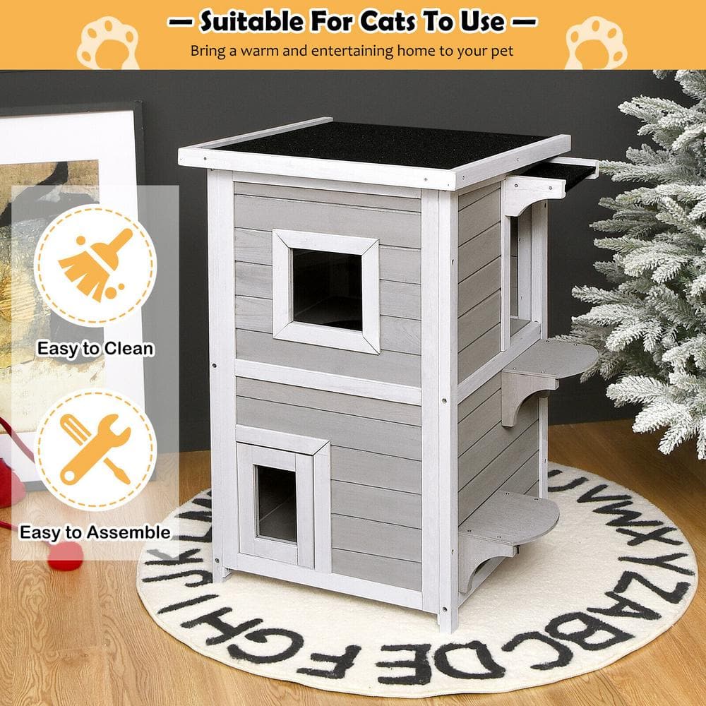 Gray and White 2-Story Wooden Outdoor Cat House with Escape Door