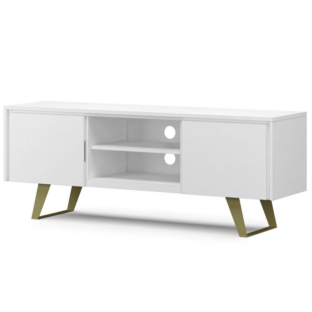White Acacia Wood Industrial TV Media Stand with Cabinet