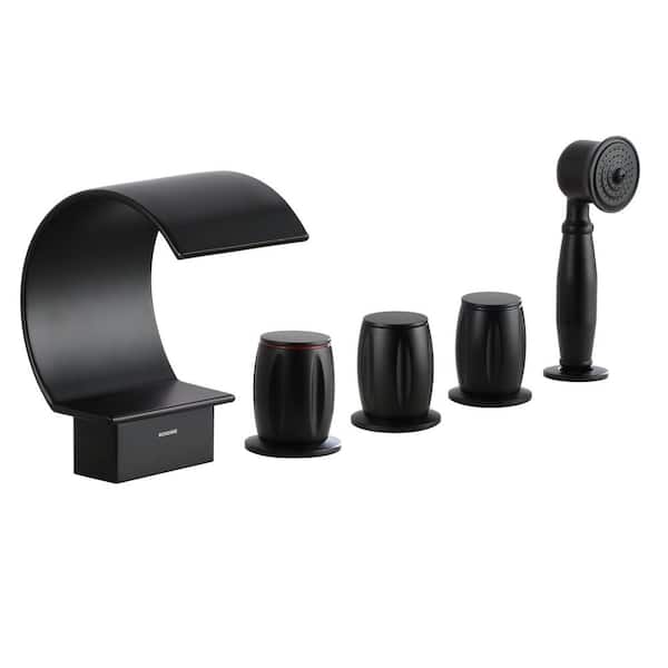 Mondawe Fabian 3-Handle Waterfall Wide-Spray High Pressure Tub and Shower Faucet in Matte Black With Valve