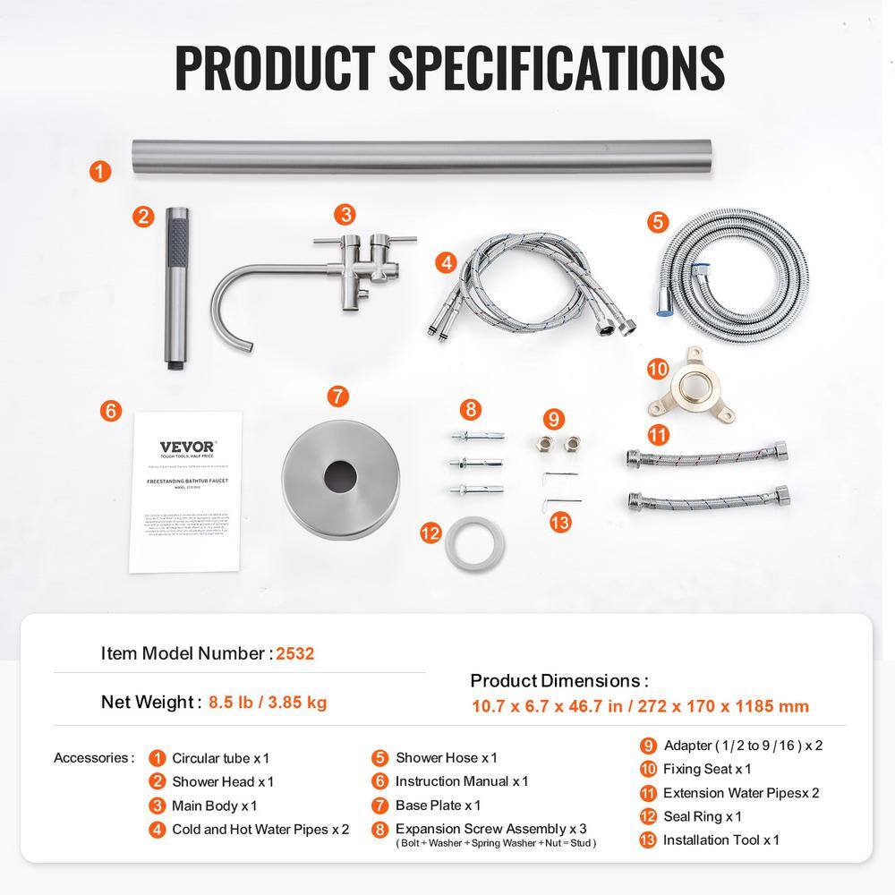 Brushed Nickel Freestanding Bathtub Faucet with Hand Shower
