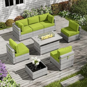 8-Piece Wicker Outdoor Patio Sectional Conversation Set with Cushions and Fire Pit Table Grass Green