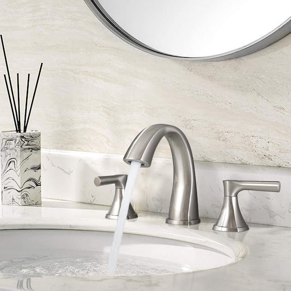 ABAD deck mount 8 in. Widespread Double Handle High Arc Bathroom Faucet Drain Kit Included in Brushed Nickel (1 Pack)