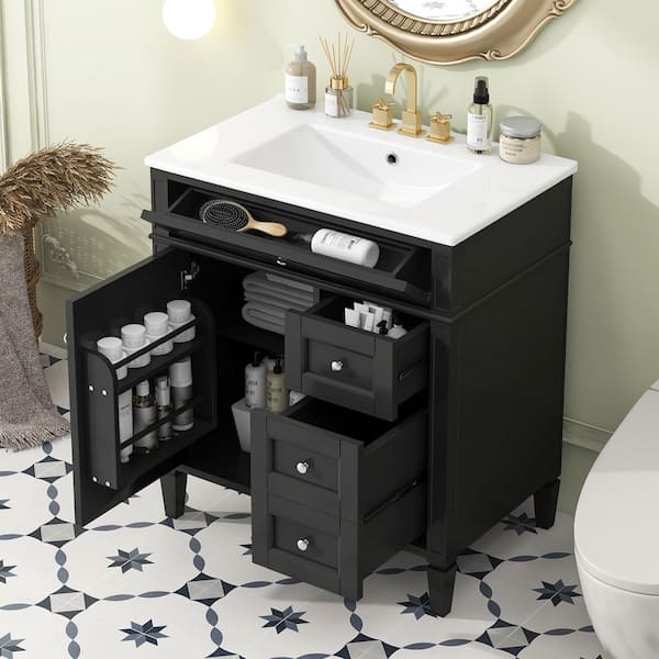 30 in. Freestanding Single Sink Black Bath Vanity with White Ceramic Top