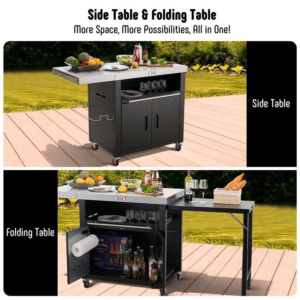 Black Stainless Steel Outdoor Kitchen Cart with Foldable Side Tables