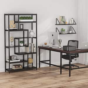 Earlimart 70.86 in. Black Engineered Wood and Metal 8 Shelf Etagere Bookcase with Open Storage Shelves