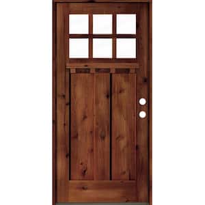 36 in. x 80 in. Craftsman Alder Clear 6-Lite Red Chestnut Stain Wood/Dentil Shelf Left Hand Single Prehung Front Door