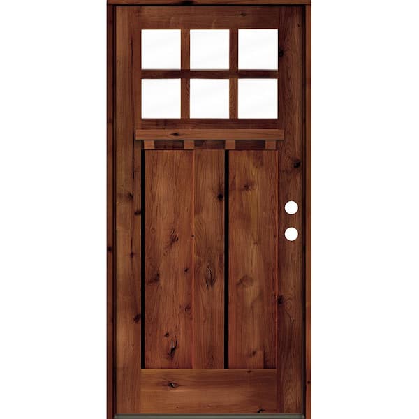 Krosswood Doors 36 in. x 80 in. Craftsman Alder Clear 6-Lite Red Chestnut Stain Wood/Dentil Shelf Left Hand Single Prehung Front Door