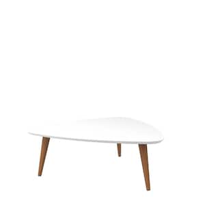 Utopia 34 in. White Gloss/Maple Cream Medium Triangle Wood Coffee Table with Splayed Legs