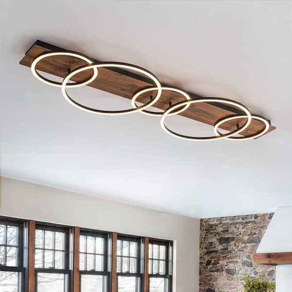 EDISLIVE Iris 48.4 in. 5-Light Farmhouse Wood Integrated LED Flush Mount Ceiling Light