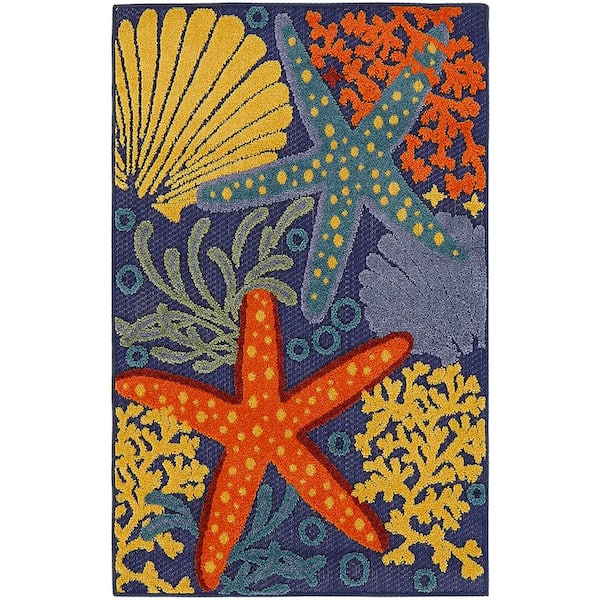 Nourison Aloha Navy Multicolor 3 ft. x 4 ft. Nature-inspired Contemporary Indoor/Outdoor Area Rug