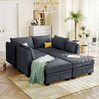 115 in. Flared Arm 6-Piece Linen U-Shaped Sectional Sofa in Dark Gray with Convertible
