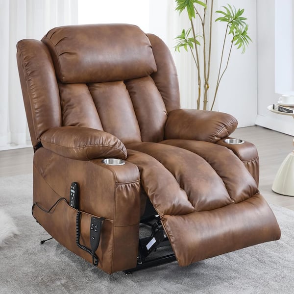 Dual Motor Leatheraire Power Lift Recliner Chair with Vibration Massage and Lumbar Heating, Cup Holders-Brown