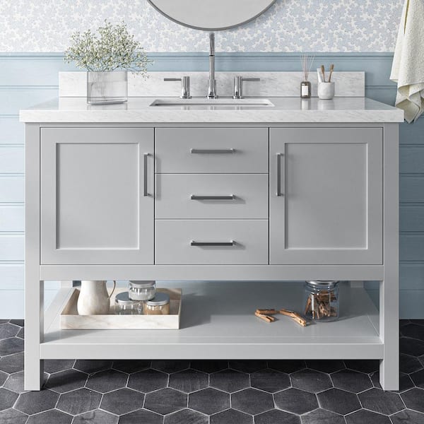 ARIEL Bayhill 49 in. W x 22 in. D x 36 in. H Bath Vanity in Grey with Carrara White Marble Top