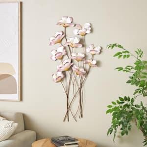 Metal Pink Floral Wall Decor with Copper Stems