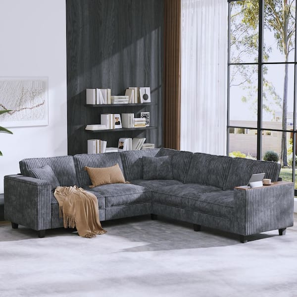 Corner Couch 97 in. W Square Arm Corduroy L-Shaped Sectional Sofa in Gray with Storage Armrests with Small Coffee Table