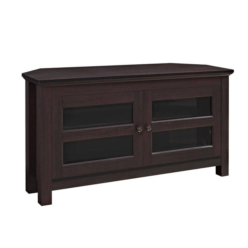 Espresso Corner TV Console with Cabinet and Glass Doors