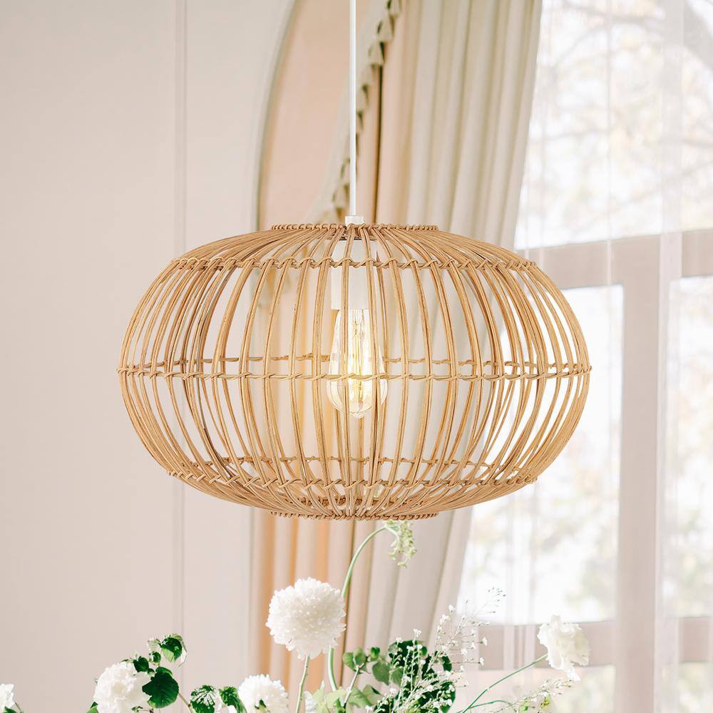Leo 17.5" Coastal Bohemian Brown Rattan LED Pendant Light