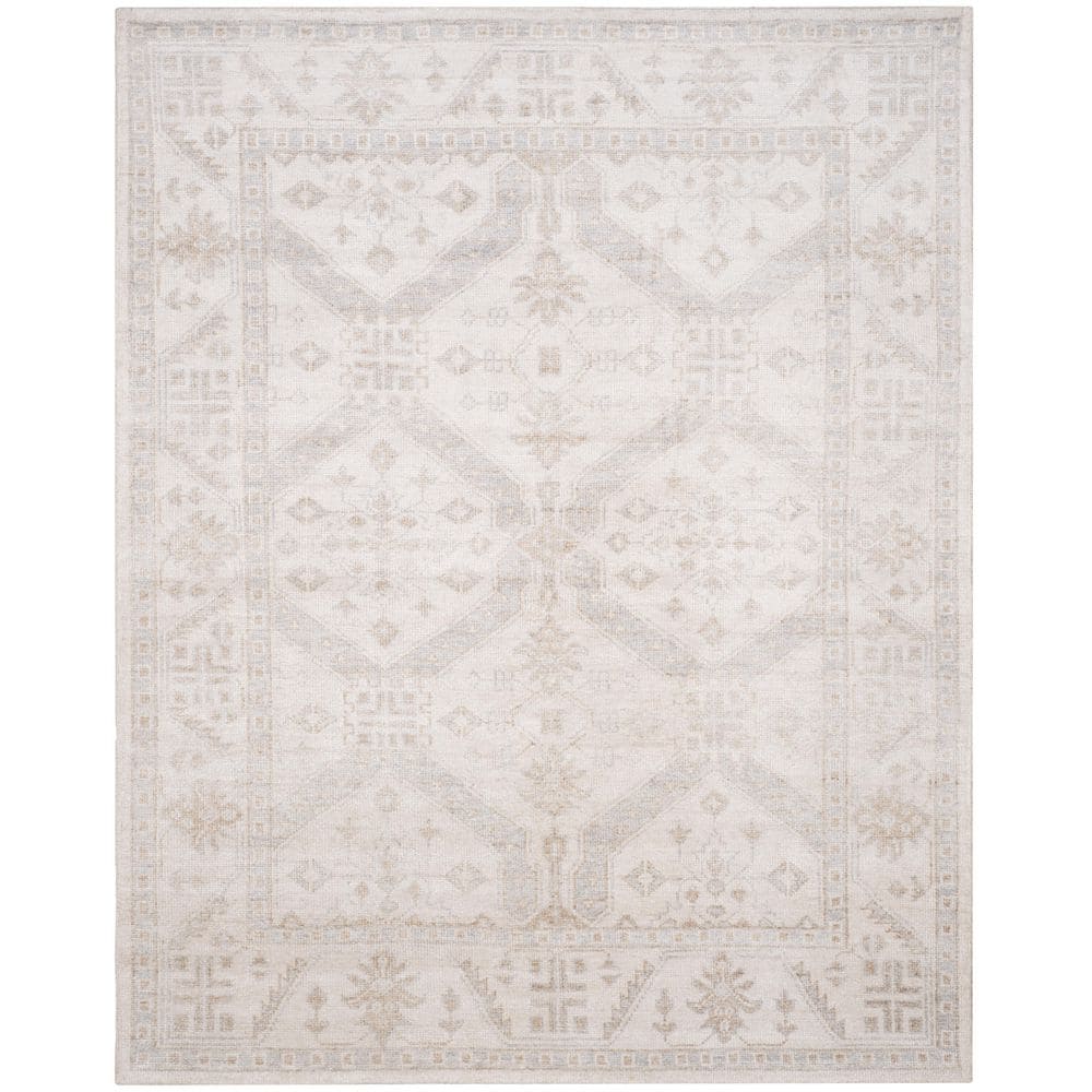 Beige and Blue Hand-Knotted Wool and Silk 9' x 12' Rug