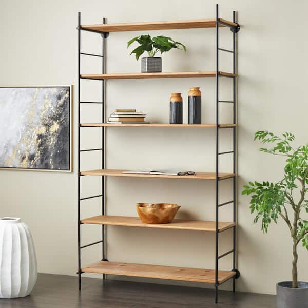 Litton Lane 87 in. Tall Brown Wood Rectangular Bookcase with Black Metal Ladder Frames