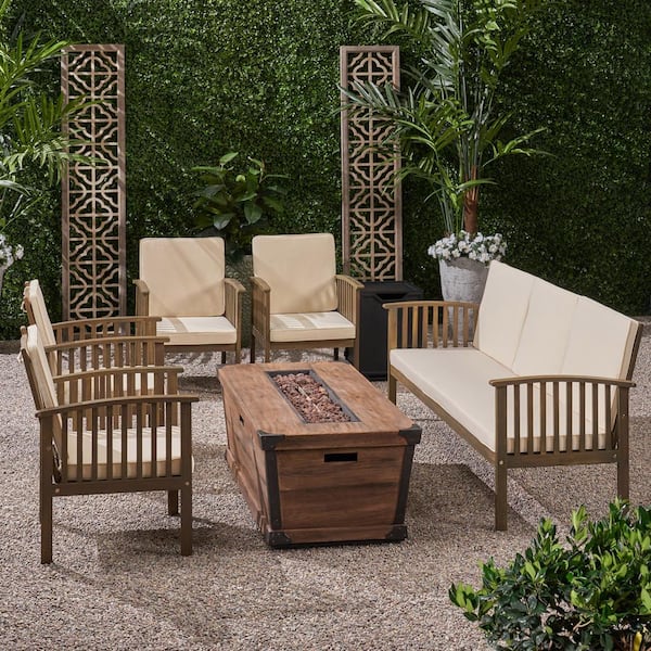 Noble House Carolina Grey 7-Piece Wood Patio Fire Pit Seating Set with Cream Cushions