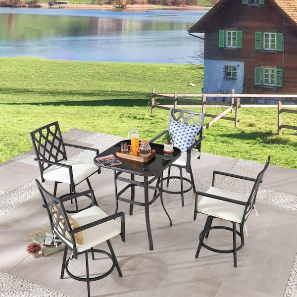 Patio Festival 5-Piece Metal Bar Height Outdoor Dining Set with Beige Cushions