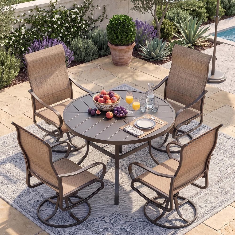Black 5-Piece Textilene and Iron Metal Outdoor Dining Set, 4-Swivel Chairs and Round Dining Table price history on PriceWatchPro