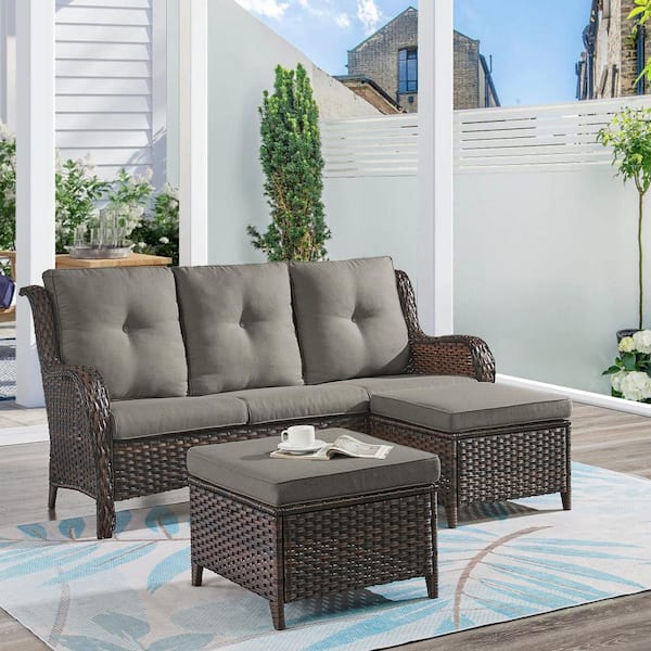 ArcoBay 3-Piece Brown Wicker Outdoor 3-Seat Sectional Couch Sofa with CushionGuard Gray Cushions and Ottomans