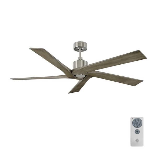 Generation Lighting Aspen 56 in. Indoor/Outdoor Brushed Steel Ceiling Fan with Light Grey Weathered Oak Blades, DC Motor and Remote Control