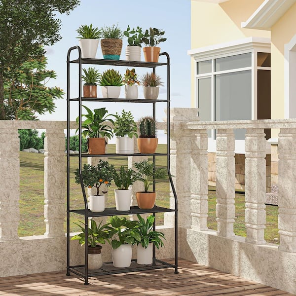 Hcman 5-Tier Black Metal Plant Stand Shelf with Waterproof Design