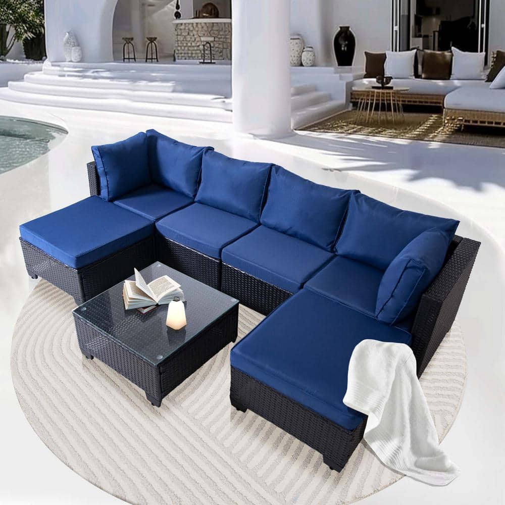 7-Piece Wicker Outdoor Sofa Sectional Set with Blue Cushions and Pillow