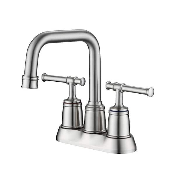 Flynama 4 Inch Centerset Double Handle High Arc Bathroom Sink Faucet with Lift Rod Drain in Brushed Nickel
