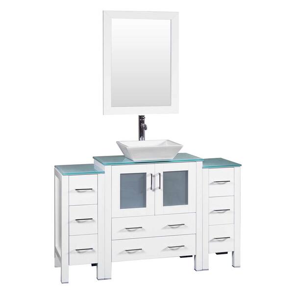 Bosconi 54 in. W Single Bath Vanity in White with Tempered Glass Vanity Top with White Basin and Mirror