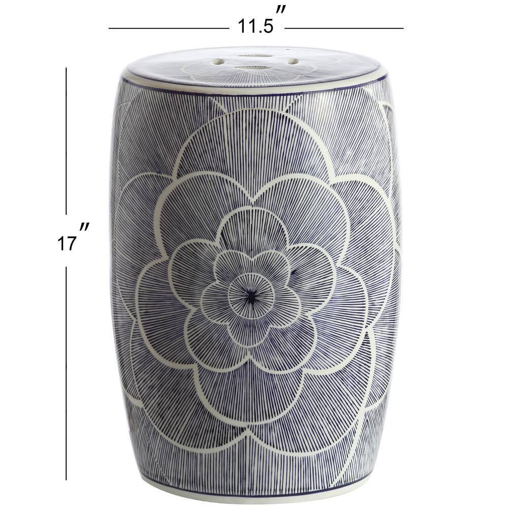 Camellia 17" White and Blue Ceramic Drum Garden Stool