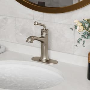 Centerset Single Handle Deck Mounted Bathroom Faucet with Deckpalte and Pop-up Drain in Brushed Nickel