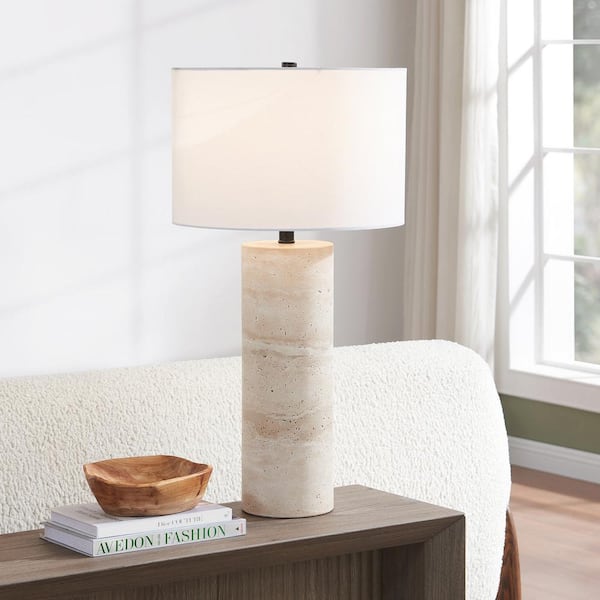 Corbett 29 in. Natural Travertine Stone Table Lamp with Fabric Shade