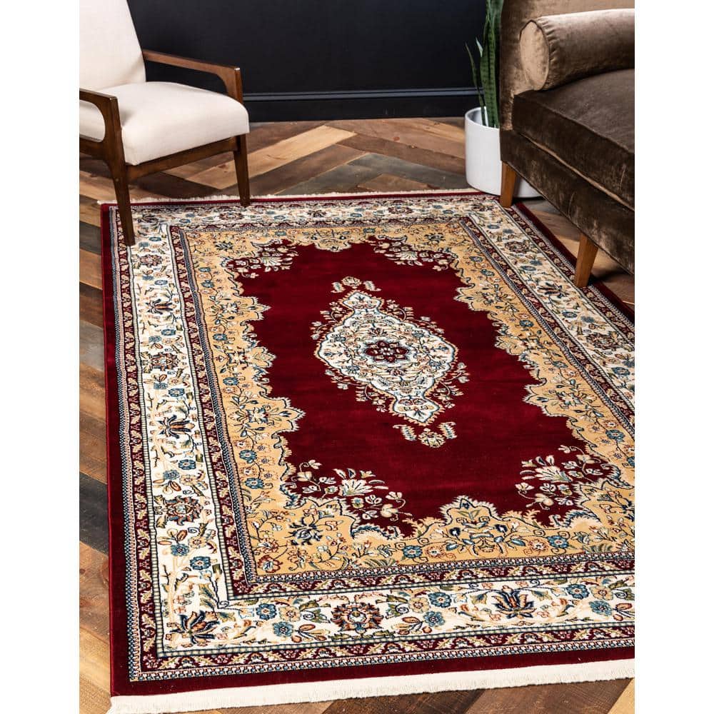 Burgundy and Cream 8' x 10' Synthetic Traditional Area Rug