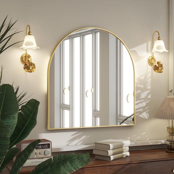 GLSLAND 31.9 in. W x 33.9 in. H Arched Modern Aluminum Alloy Framed Gold Wall Mirror Bathroom Mirror