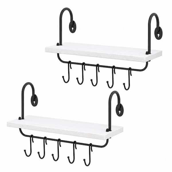 2-Set 17 in. W x 5.9 in. D Floating Wall Shelves with 10 Adjustable Hooks for Coffee Bar Decor, White
