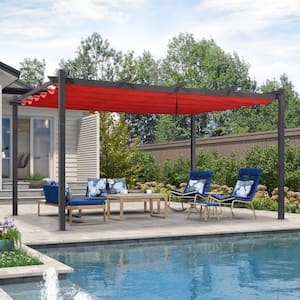 12 ft. x 16 ft. Gray Aluminum Frame Outdoor Patio Pergola with Red Retractable Sun Shade Canopy for Porch Garden Beach