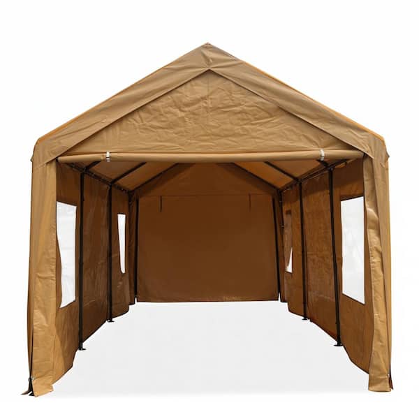 12x20 FT Heavy-Duty Outdoor Portable Garage, Ventilated Canopy Carport for Cars, Trucks & Boats, Brown