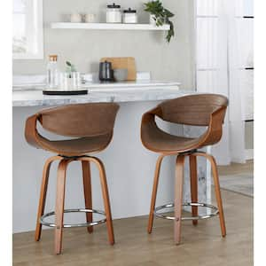 Symphony 24 in. Espresso Faux Leather, Walnut Wood and Chrome Metal Fixed-Height Counter Stool ((set of 2))