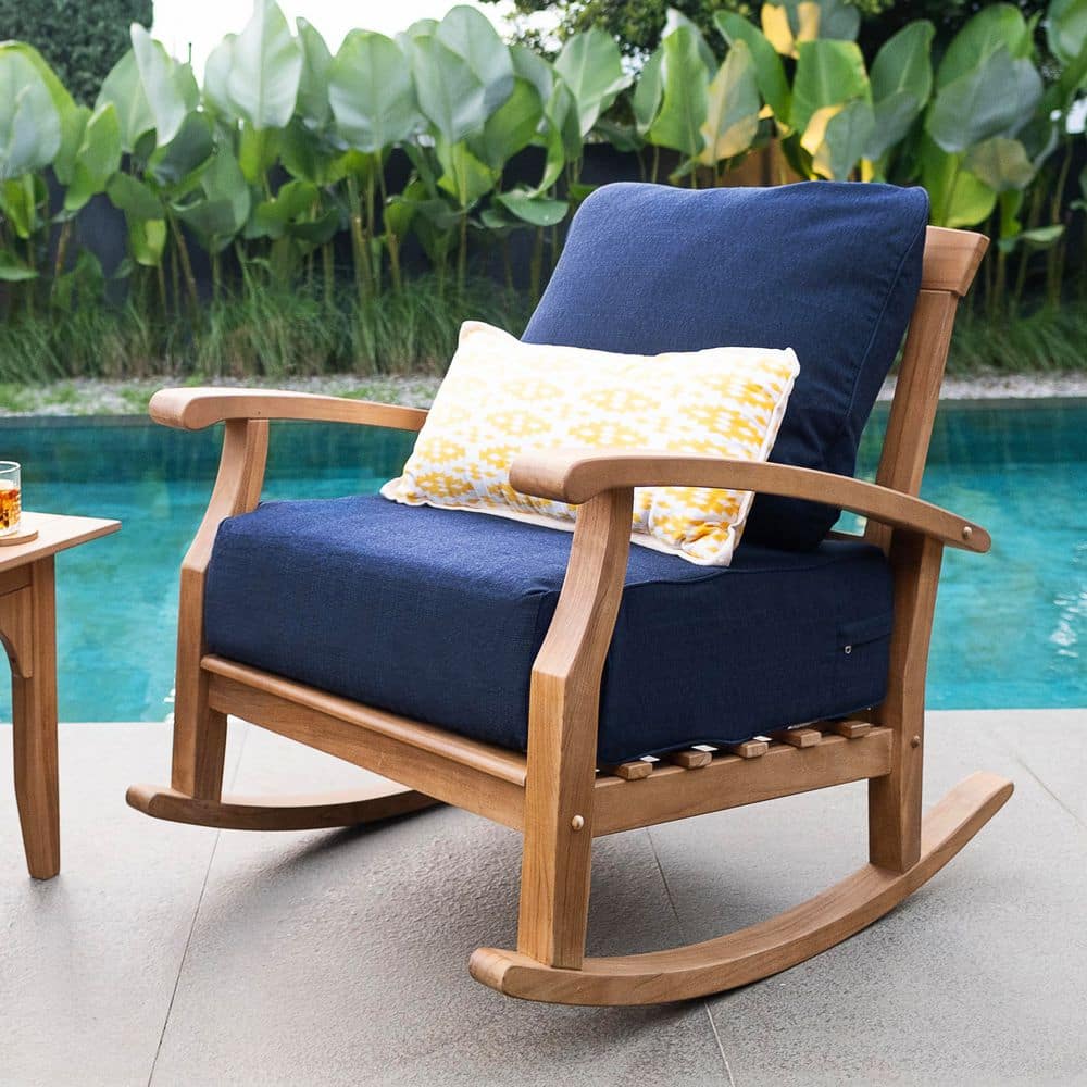Cambridge Casual Torrey Teak Wood Outdoor Rocking Chair with Navy Cushion