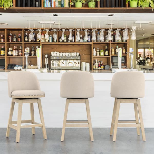 OrangeOne Meliodas 26 in. Linen Fabric Upholstered Solid Wood Brushed Leg Counter Height Swivel Barstool (Set of 3)